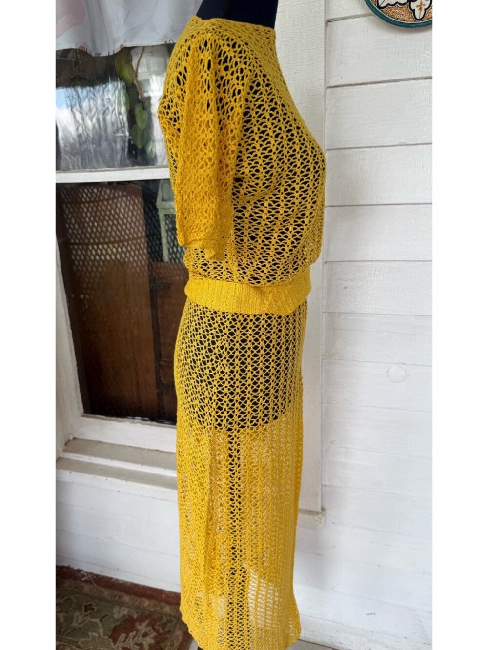 Vintage 1930s Mustard Yellow Cotton Crochet Tea Dress With Belt Size S - Picture 3 of 16